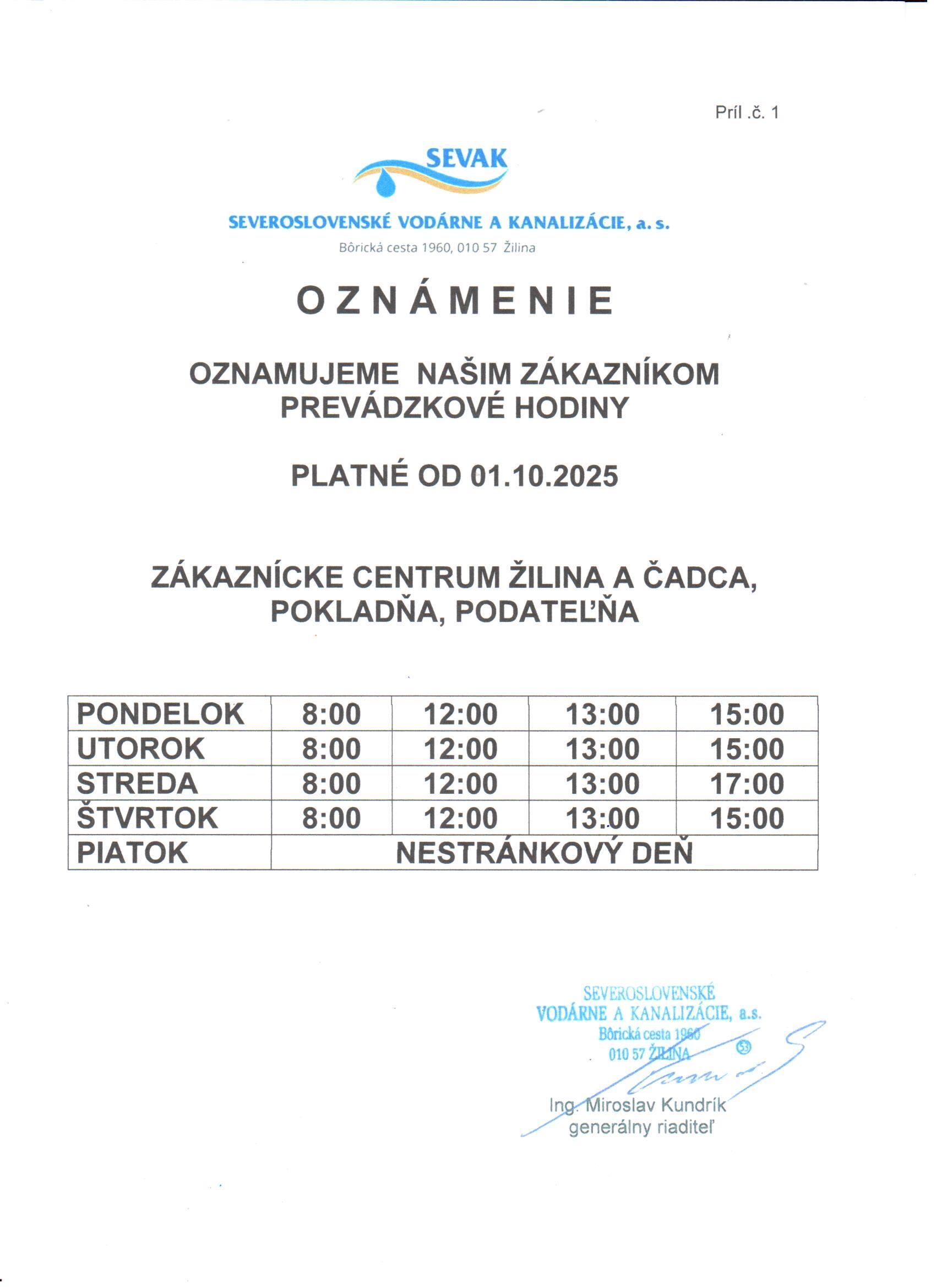 SEVAK Oznámenie o zmene prevádzkových hodín